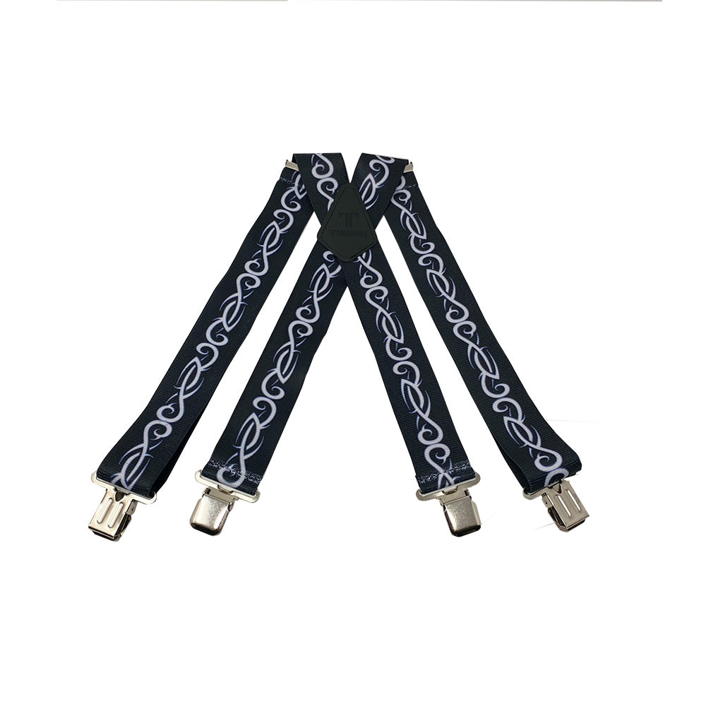 Tribal Grey/Silver, Black 2" Wide Suspenders Extra Strong Made in America