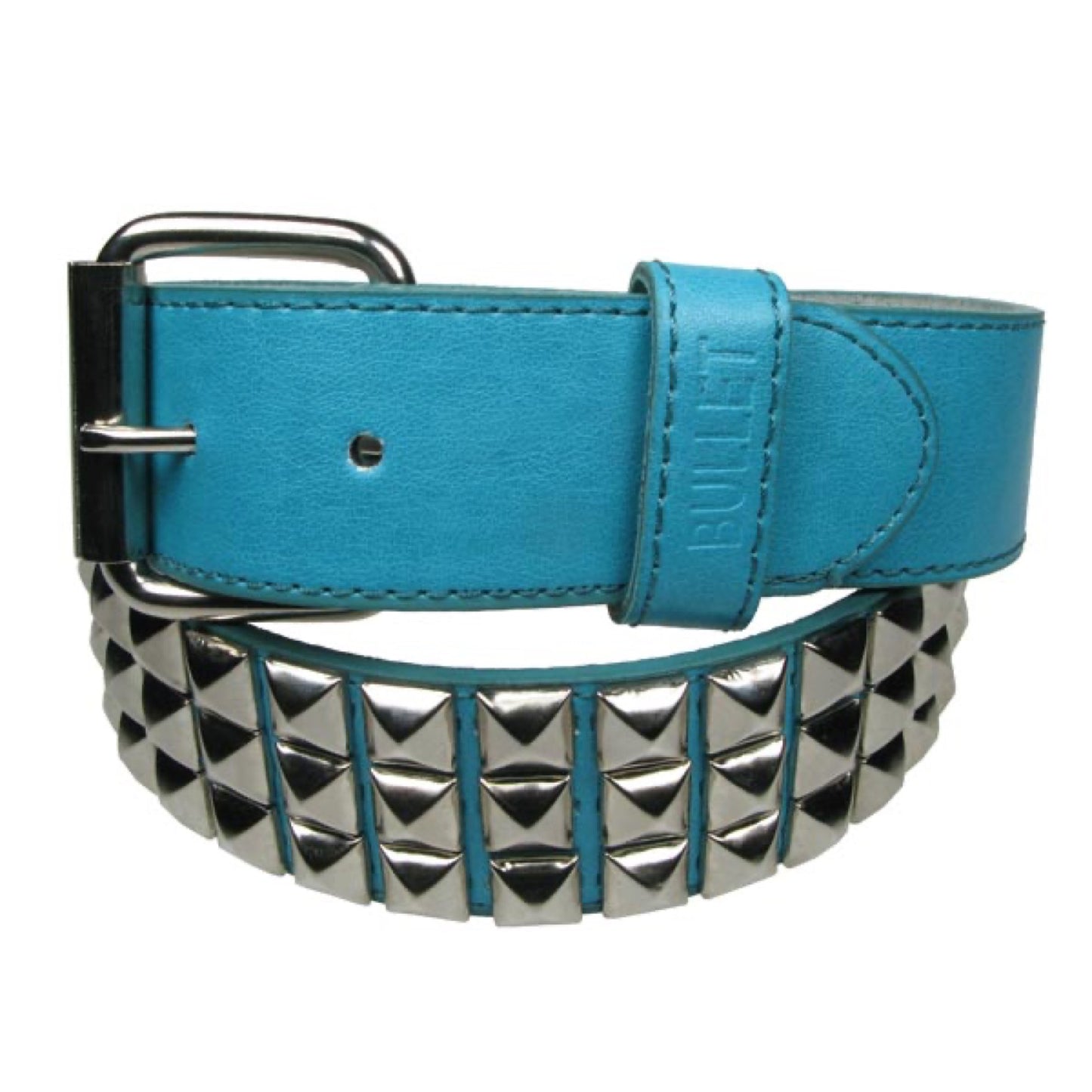 G0043E - 3 ROW SILVER PYRAMID BLUE BELT