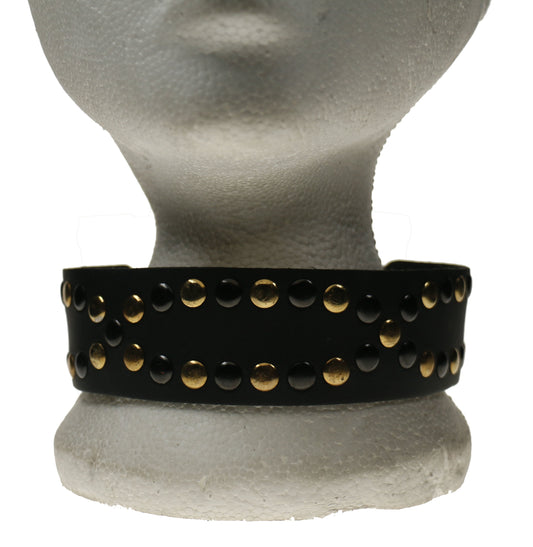 NB273 2 Row Oval Pattern Black and Gold Rivet Leather Choker