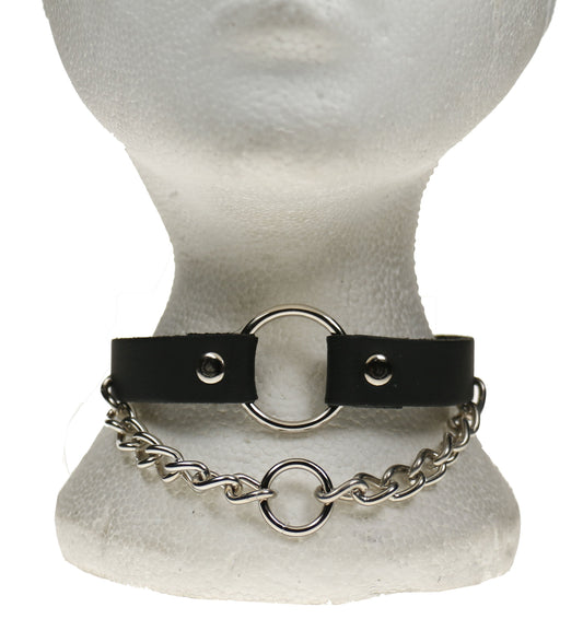 NB279 1 Row Hanging chain with Small Ring and 30mm Ring Centre Leather Choker