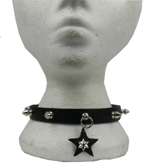 NB287 1 Row Small Spike with Small Hanging ring and Leather Star w/Metal Star Fittings Leather Choker