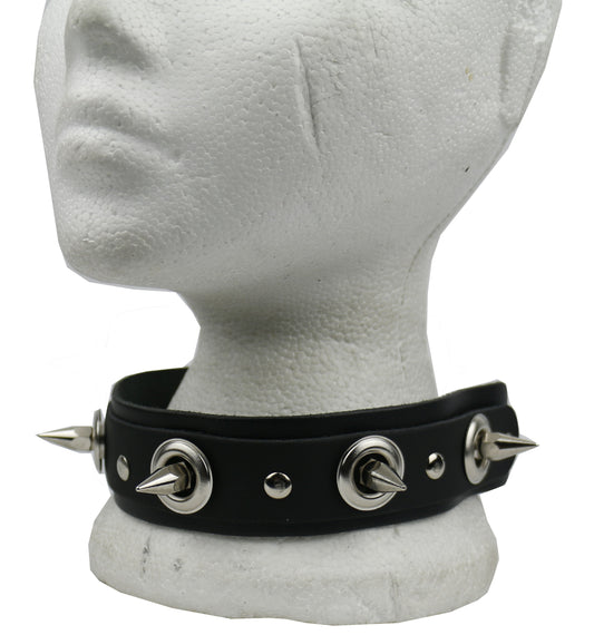 NB291 2 Row Double Layer Riveted Piece With Big Eyelet and Medium Hex Spike Leather Choker