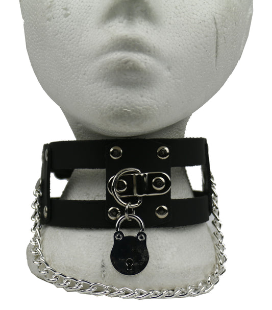 NB292 Double 1 Row w/Riveted Leather Pieces Handle Plate w/Padlock and Hanging Chain Leather Choker