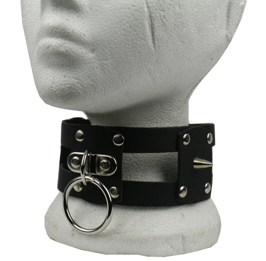 NB295 Double 1 Row w/Riveted Leather Pieces Handle Plate w/30mm Ring and Small Cone Leather Choker