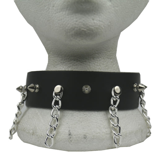 NB297 2 Row Riveted Hanging Chain and Small Spike Leather Choker
