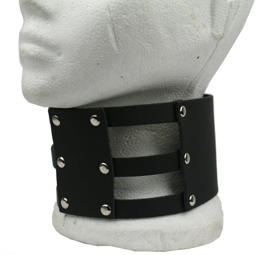 NB299 72mm Extra Wide Triple 13mm Strips Riveted Leather Centre Piece with Buttons Leather Choker
