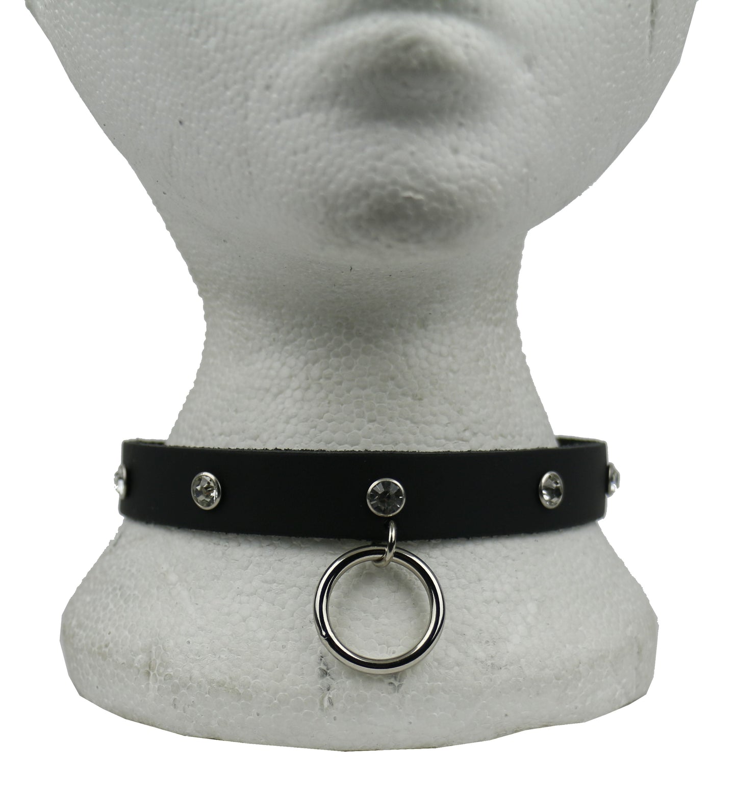 NB302 1 Row Small Clear Diamonte Fitting w/mm Hanging Ring Leather Choker