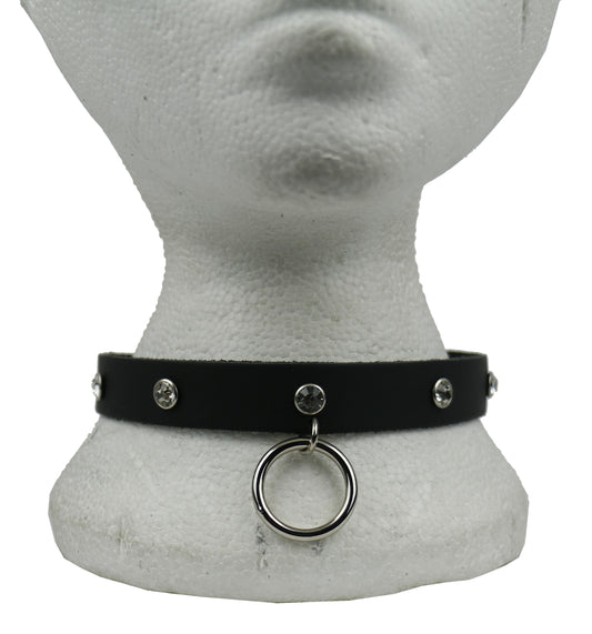 NB302 1 Row Small Clear Diamonte Fitting w/mm Hanging Ring Leather Choker