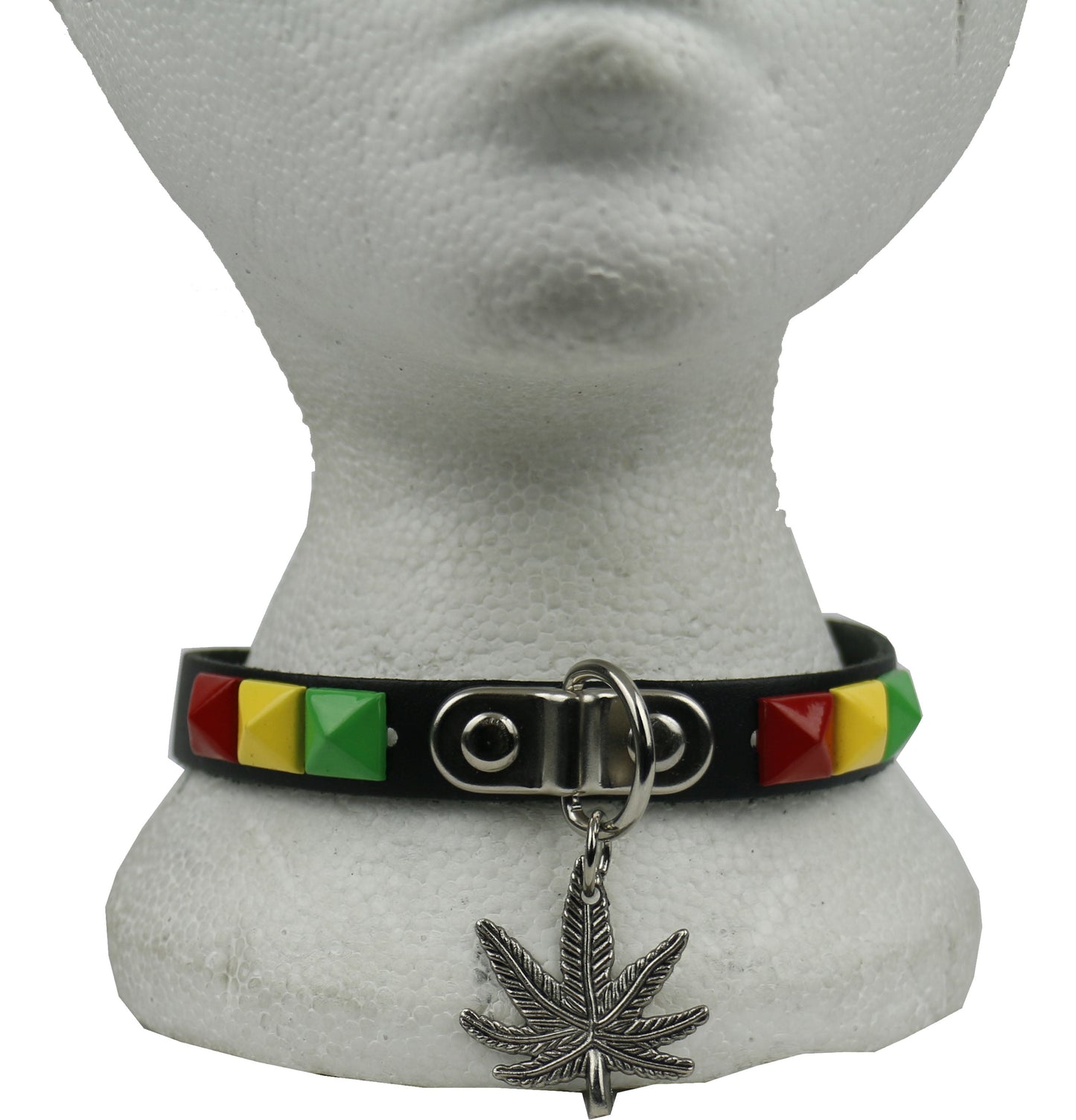 NB304 1 Row Handle Plate with Cannabis Leaf and Rasta (Red/Yellow/Green 13mm Pyramid) Leather Choker