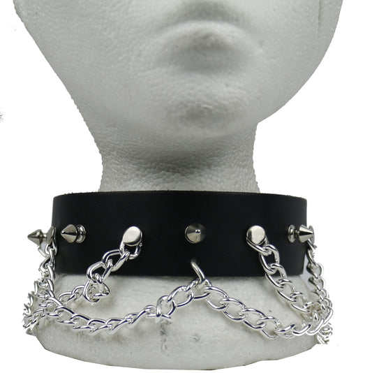 NB305 1 Row Handle Plate with Cannabis Leaf and Rasta (Red/Yellow/Green 13mm Pyramid) Leather Choker