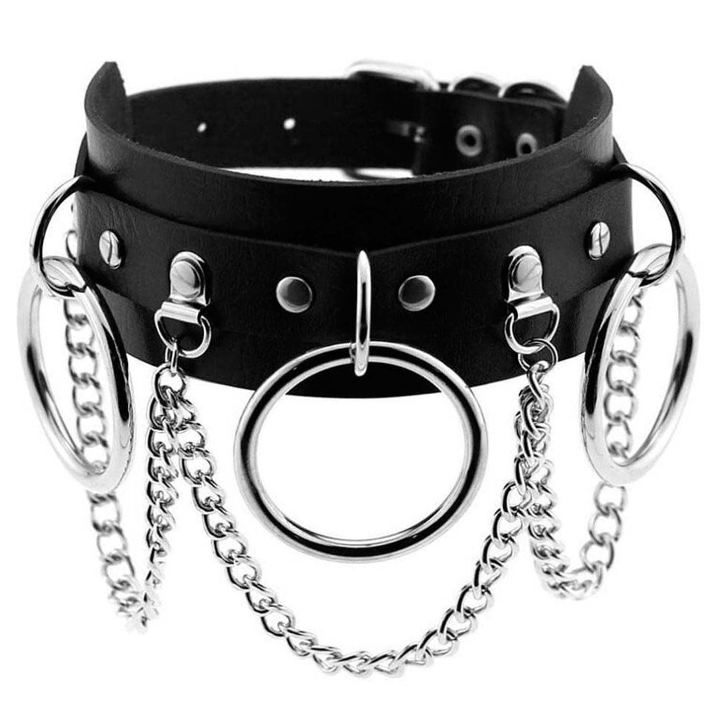NB313 Hanging chains W/Medium Rings Black Leather Choker