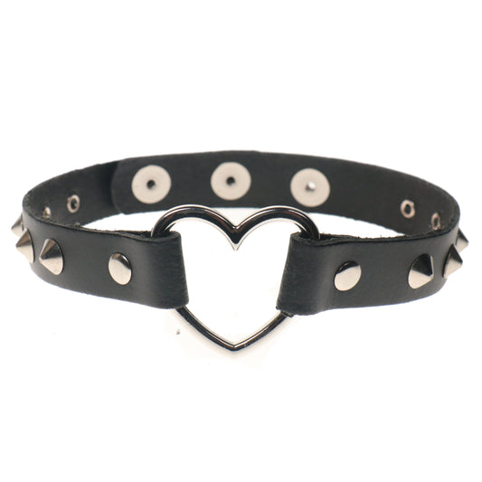 NB314A 1 Row Heart Choker with Spike Stud Buttons Leather Choker