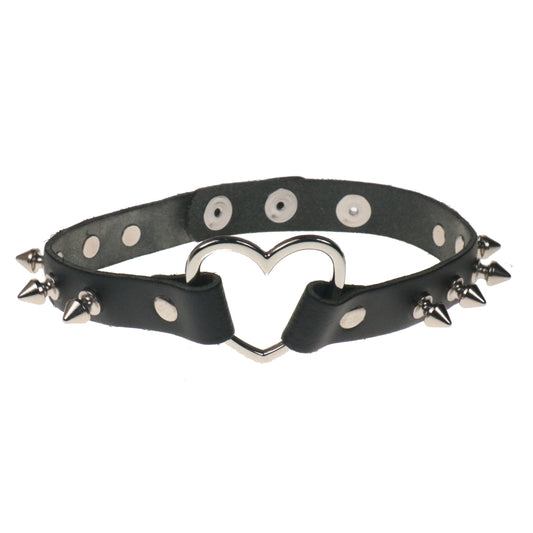 NB314 1 Row Spike w/Heart Stud Leather Choker