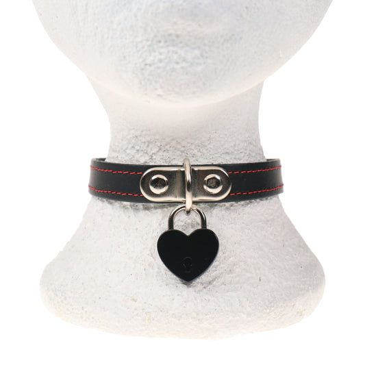 NB320A 1 ROW RED STITCH WITH SMALL BLACK HEART PADLOCK Leather Choker