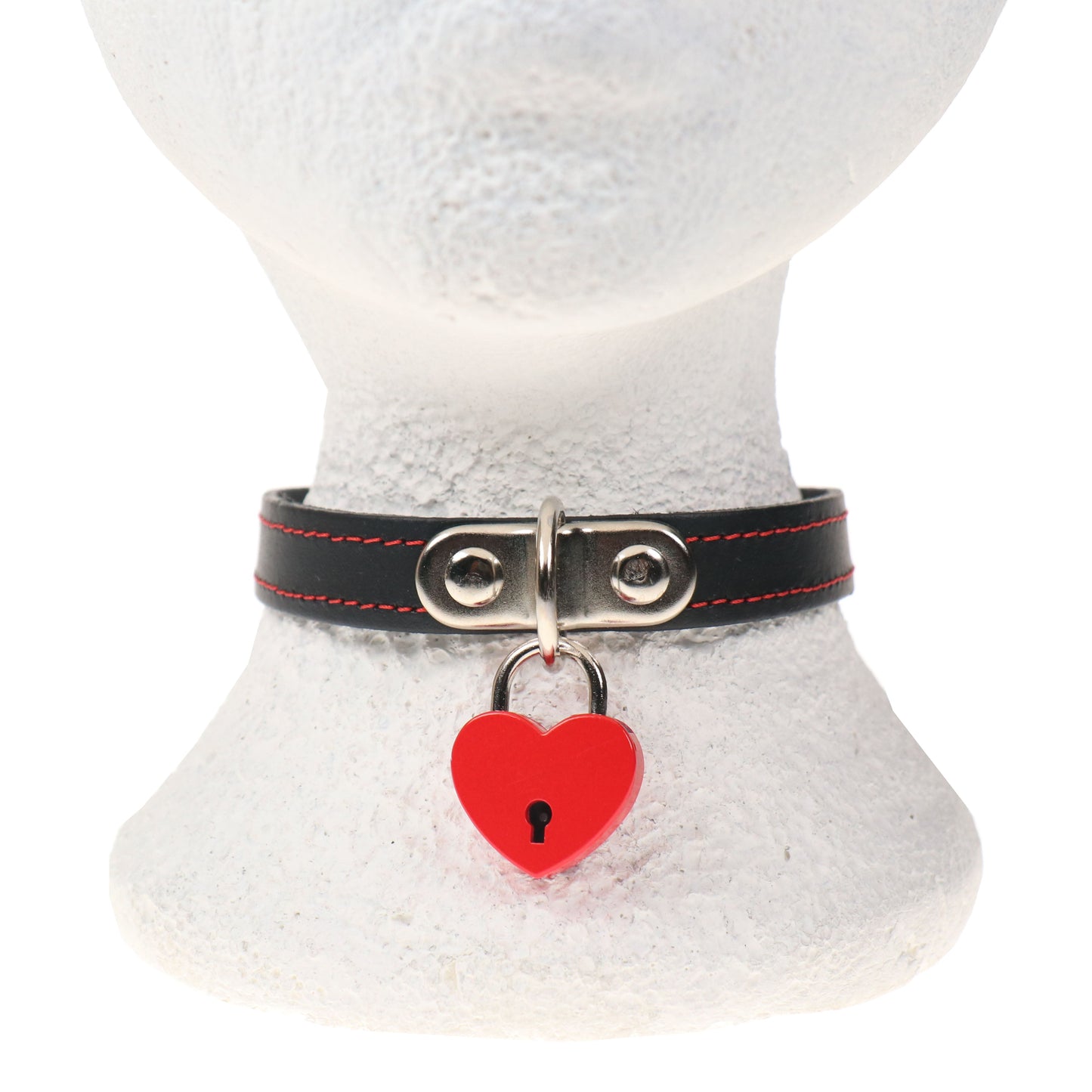 NB320B 1 ROW RED STITCH WITH SMALL RED HEART PADLOCK Leather Choker