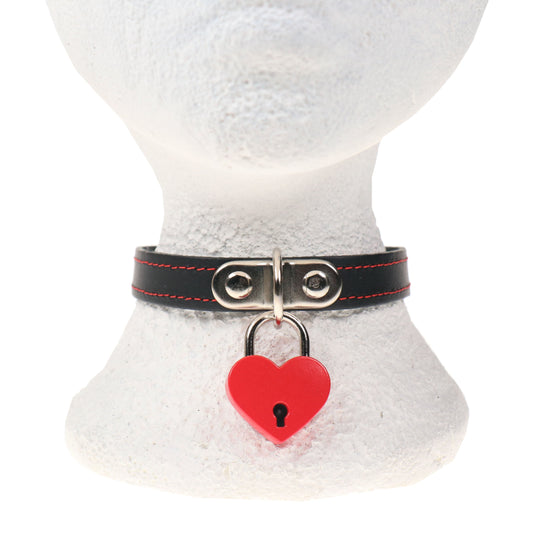 NB320E 1 ROW RED STITCH WITH BIG RED HEART PADLOCK Leather Choker