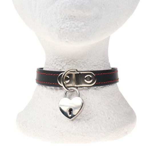 NB320 1 ROW RED STITCH WITH SMALL HEART PADLOCK Leather Choker