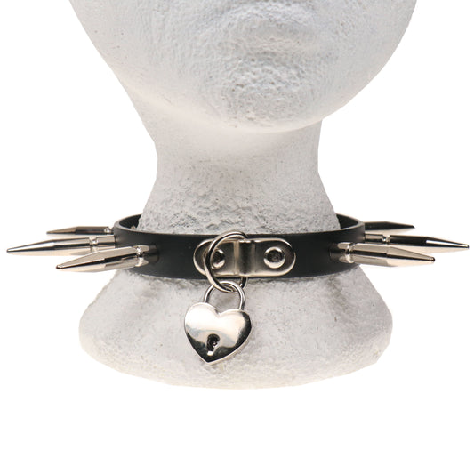 NB324 1 ROW LARGE SPIKE AND SMALL HEARTPADLOCK Leather Choker