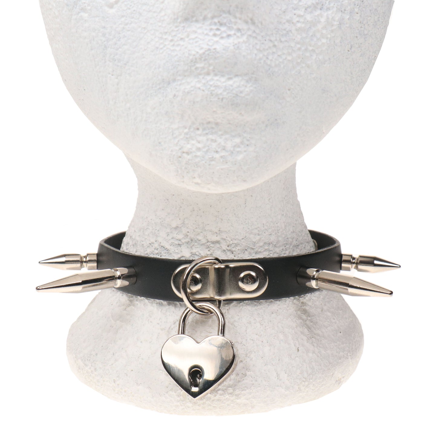 NB325C 1 ROW SMALL,MEDIUM AND LARGE SPIKE AND BIG HEART PADLOCK Leather Choker