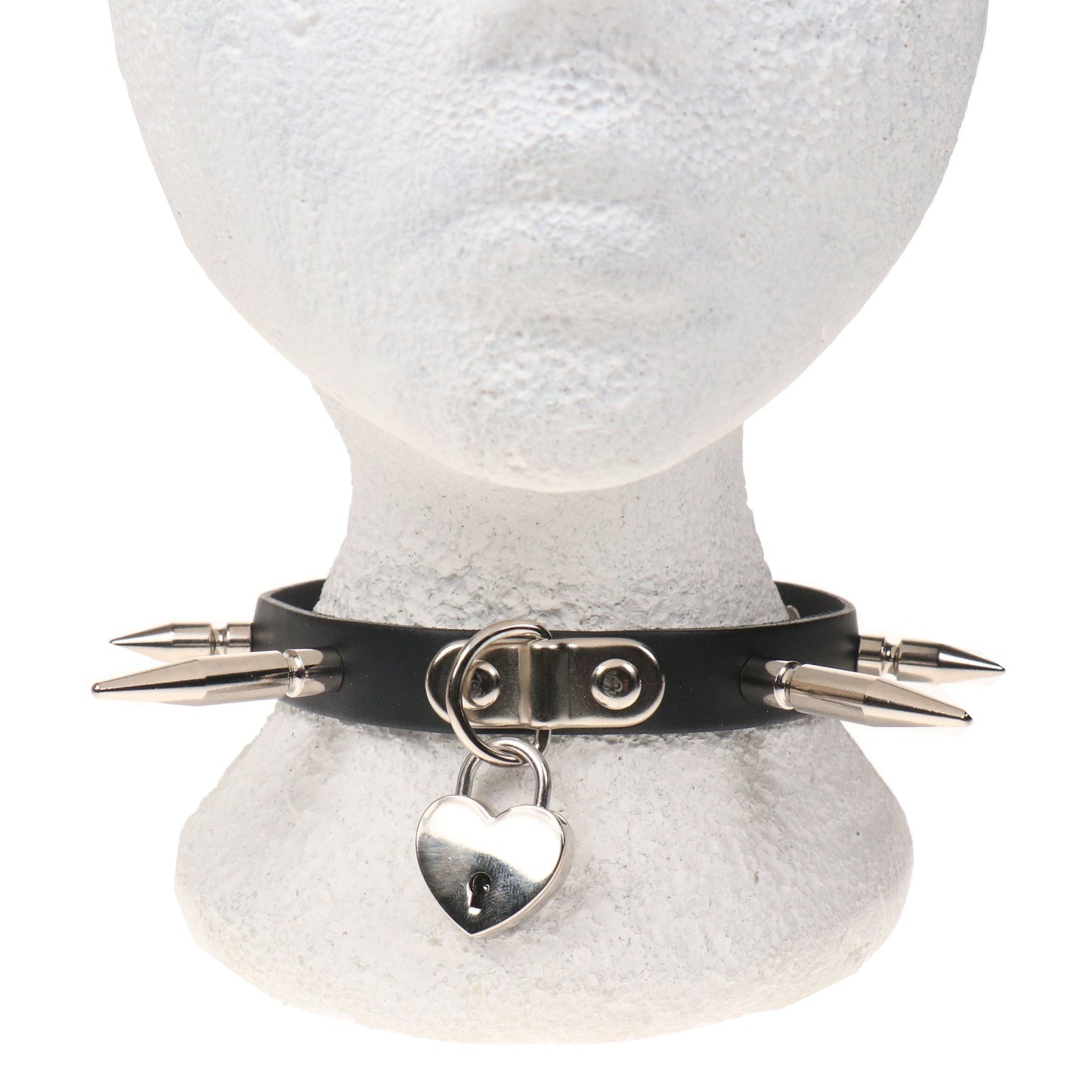 NB325 1 ROW SMALL,MEDIUM AND LARGE SPIKE AND SMALL HEART PADLOCK Leather Choker