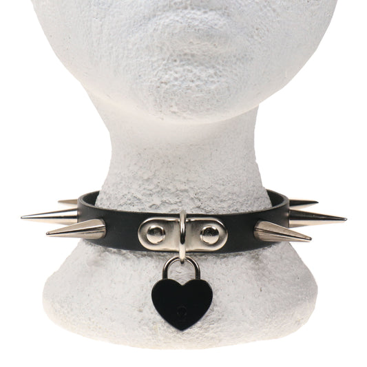 NB326A 1 ROW MEDIUM CONE SPIKE AND SMALL BLACK HEART PADLOCK Leather Choker