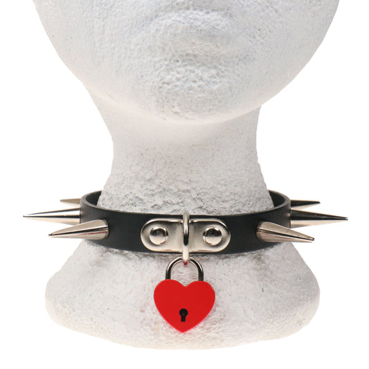 NB326B 1 ROW MEDIUM CONE SPIKE AND SMALL RED HEART PADLOCK Leather Choker