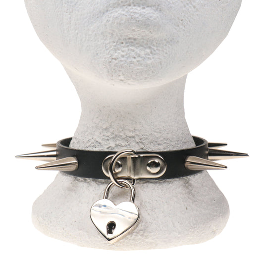 NB326C 1 ROW MEDIUM CONE SPIKE AND BIG HEART PADLOCK Leather Choker