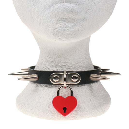 NB326E 1 ROW MEDIUM CONE SPIKE AND BIG RED HEART PADLOCK Leather Choker