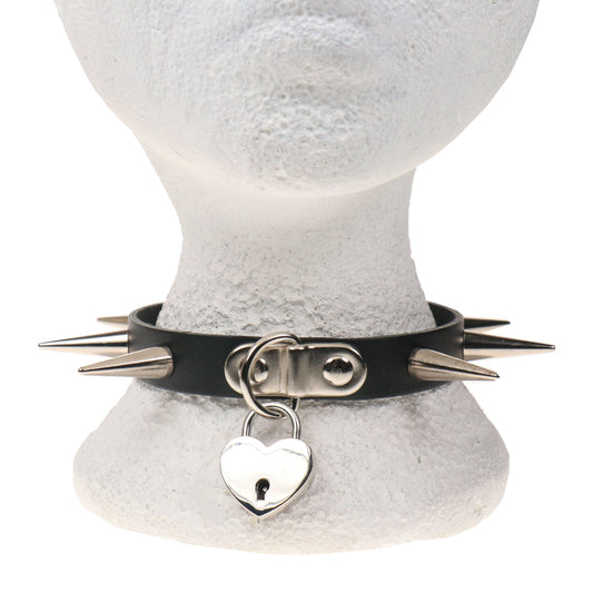 NB326 1 ROW MEDIUM CONE SPIKE AND SMALL HEART PADLOCK Leather Choker