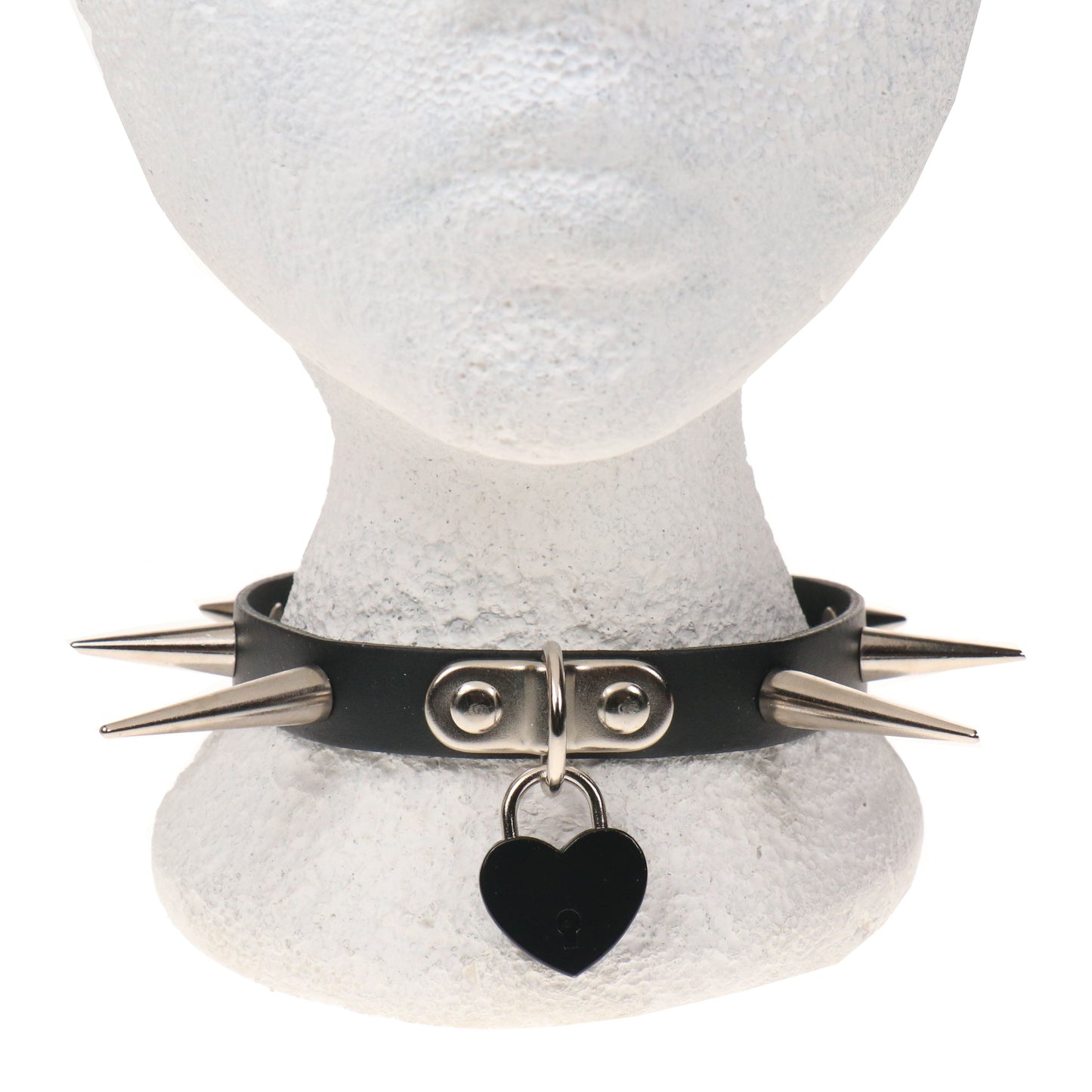 NB327A 1 ROW SMALL, MEDIUM AND LARGE CONE SPIKE AND SMALL BLACK HEART PADLOCK Leather Choker