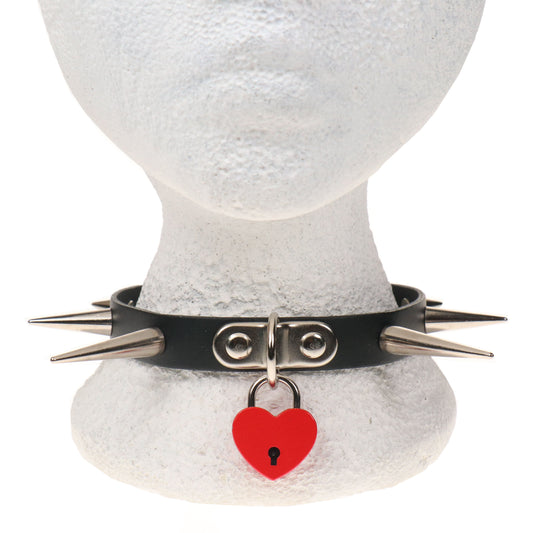 NB327B 1 ROW SMALL, MEDIUM AND LARGE CONE SPIKE AND SMALL RED HEART PADLOCK Leather Choker