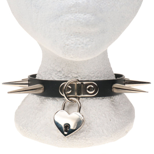 NB327C 1 ROW SMALL, MEDIUM AND LARGE CONE SPIKE AND BIG HEART PADLOCK Leather Choker