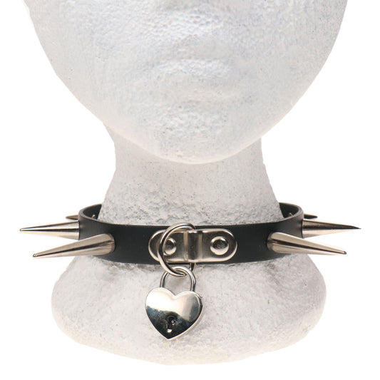 NB327 1 ROW SMALL, MEDIUM AND LARGE CONE SPIKE AND SMALL HEART PADLOCK Leather Choker