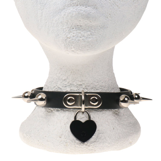 NB328A 1 ROW BALL SPIKE WITH SMALL BLACK HEART PADLOCK Leather Choker