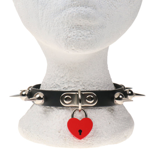 NB328B 1 ROW BALL SPIKE WITH SMALL RED HEART PADLOCK Leather Choker
