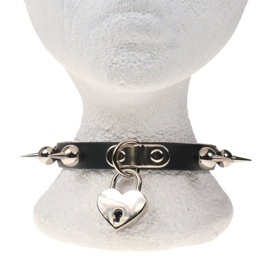 NB328C 1 ROW BALL SPIKE WITH BIG HEART PADLOCK Leather Choker