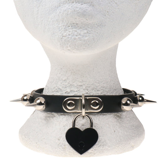 NB328D 1 ROW BALL SPIKE WITH BIG BLACK HEART PADLOCK Leather Choker