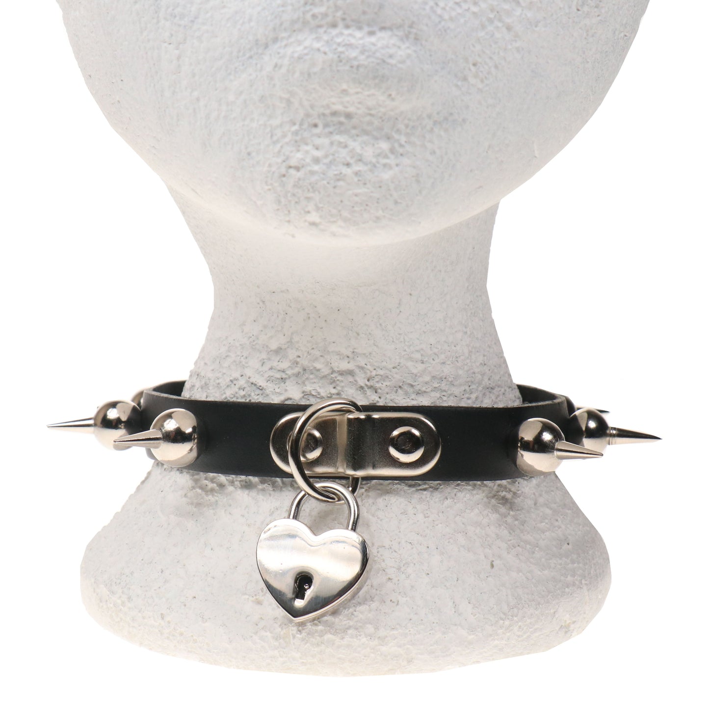 NB328 1 ROW BALL SPIKE WITH SMALL HEART PADLOCK Leather Choker
