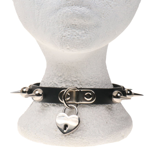 NB328 1 ROW BALL SPIKE WITH SMALL HEART PADLOCK Leather Choker