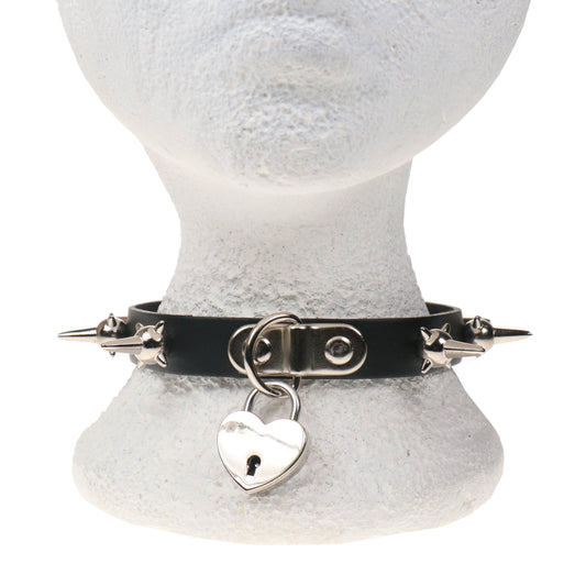 NB329 1 ROW MINE SPIKE WITH SMALL HEART PADLOCK Leather Choker