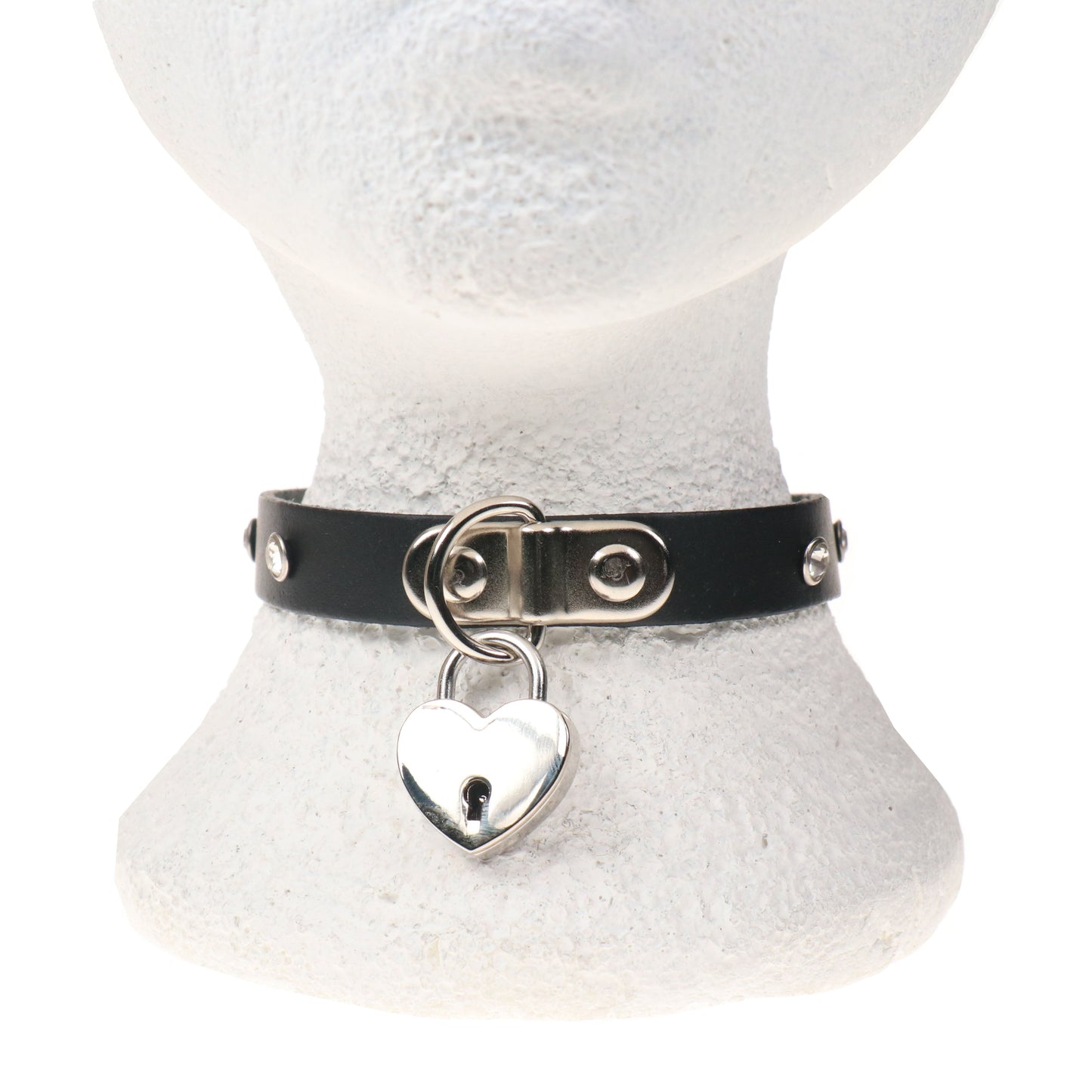 NB330 1 ROW JEWEL WITH SMALL HEART PADLOCK Leather Choker