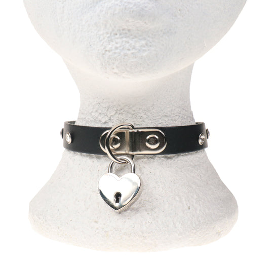 NB330 1 ROW JEWEL WITH SMALL HEART PADLOCK Leather Choker