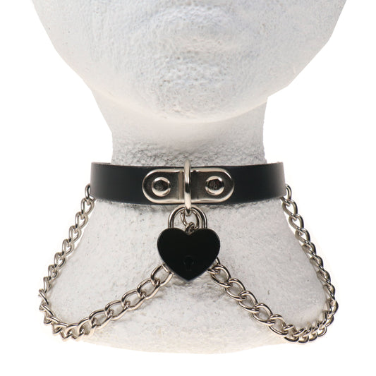 NB331A 1 ROW CHAIN AND SMALL BLACK HEART PADLOCK Leather Choker