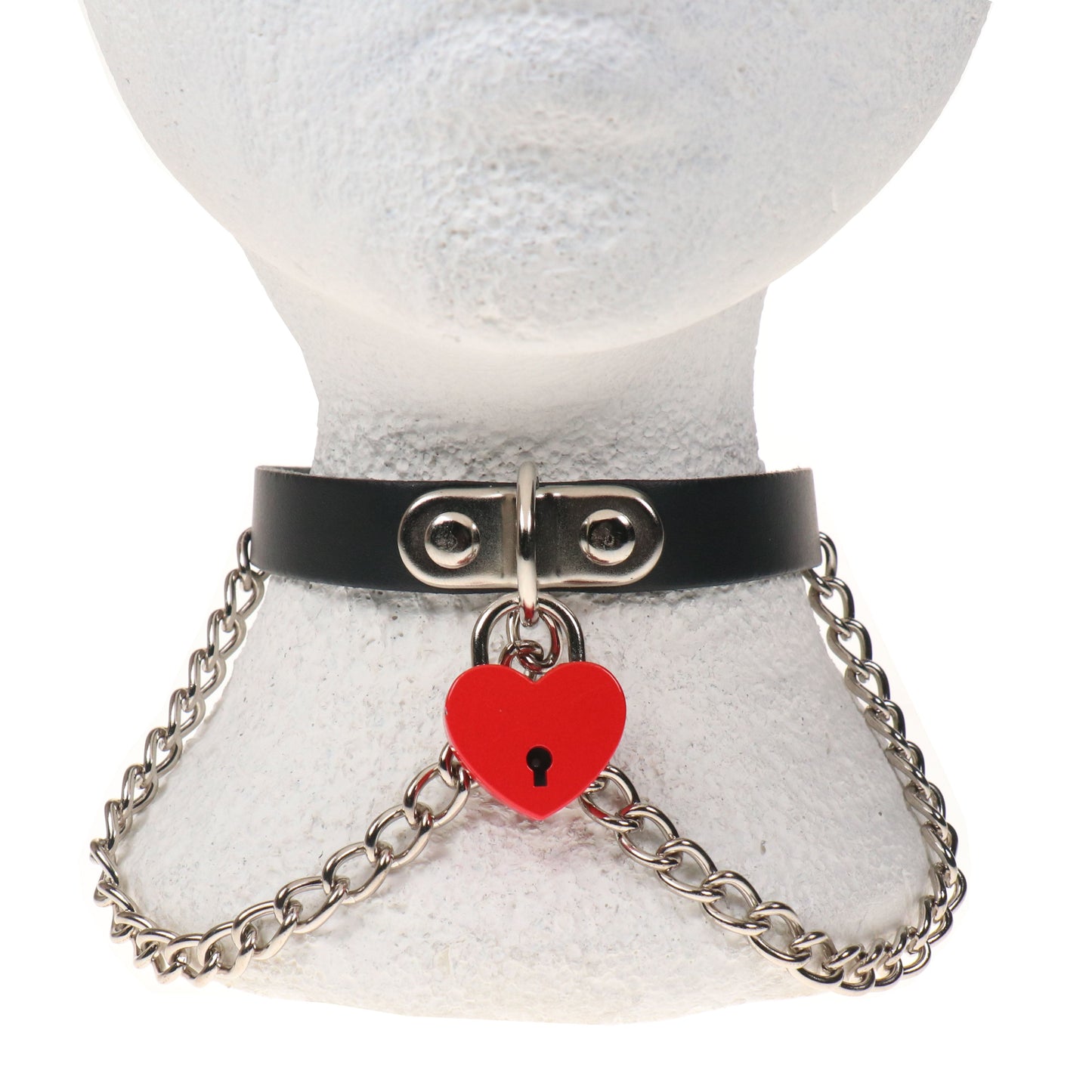 NB331B 1 ROW CHAIN AND SMALL RED HEARTPADLOCK Leather Choker