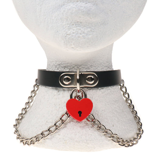 NB331B 1 ROW CHAIN AND SMALL RED HEARTPADLOCK Leather Choker