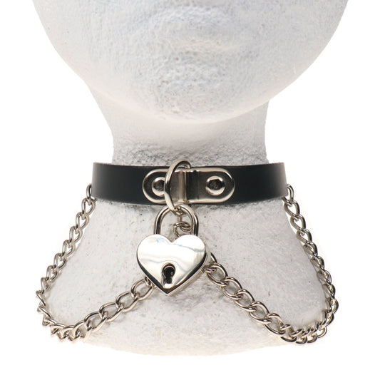 NB331C 1 ROW CHAIN AND BIG HEART PADLOCK Leather Choker