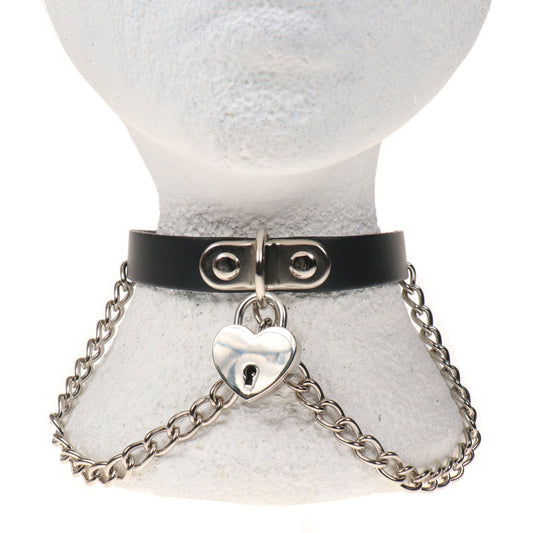 NB331 1 ROW CHAIN AND SMALL HEART PADLOCK Leather Choker