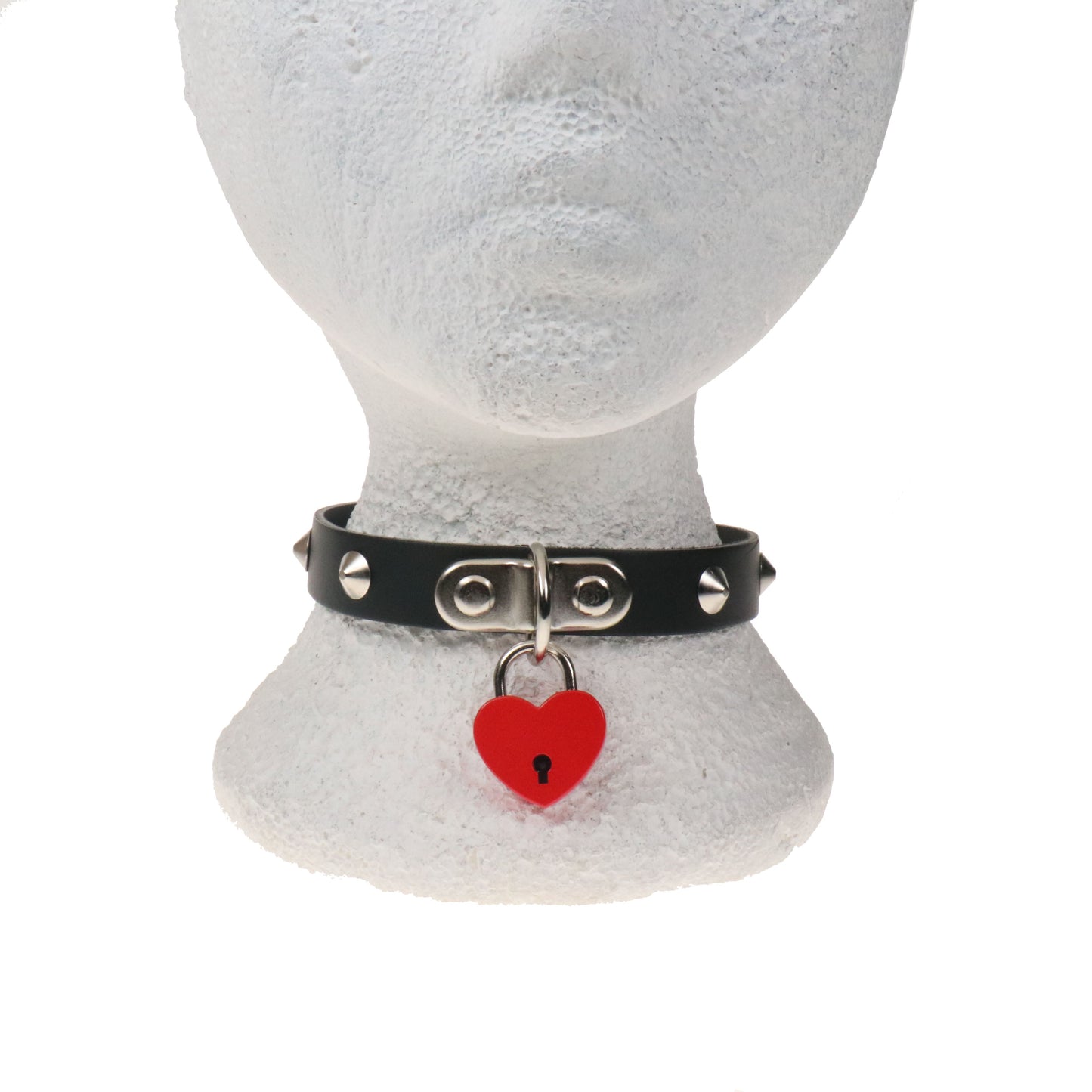 NB333B 1 ROW CONICAL WITH SMALL RED HEART PADLOCK Leather Choker