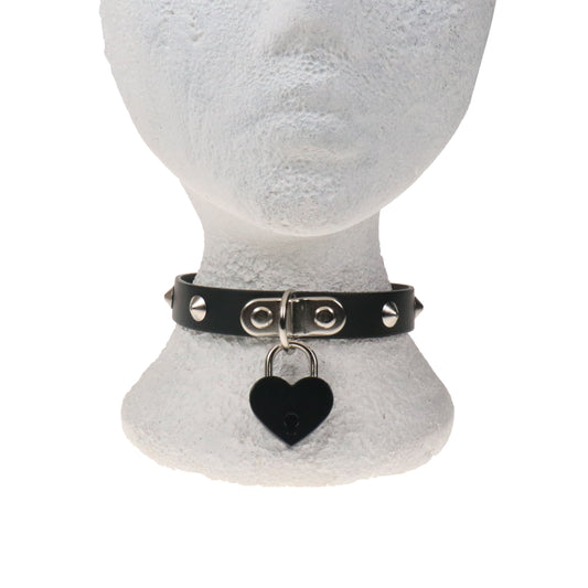 NB333D 1 ROW CONICAL WITH BIG HEART PADLOCK Leather Choker