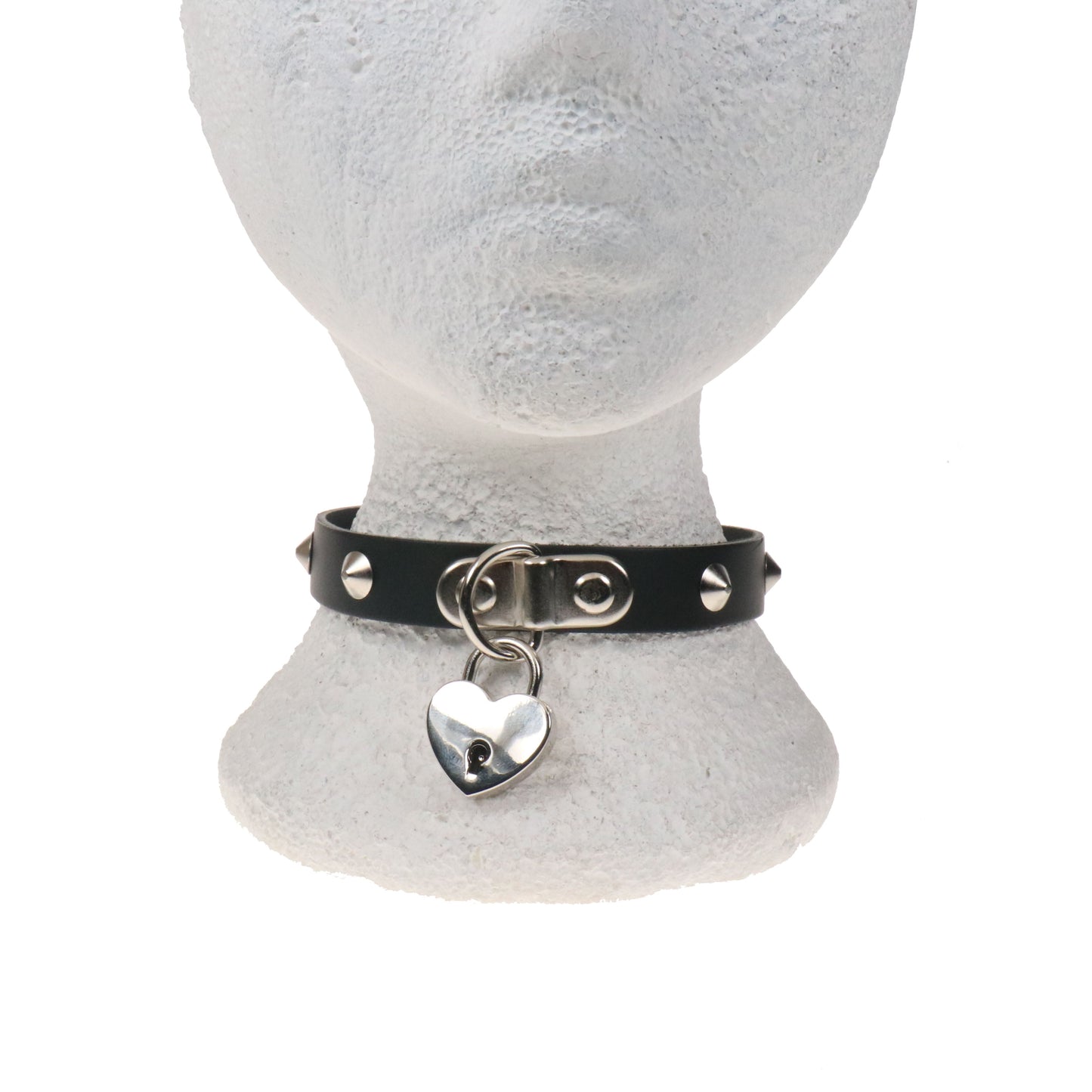 NB333 1 ROW CONICAL WITH SMALL HEART PADLOCK Leather Choker